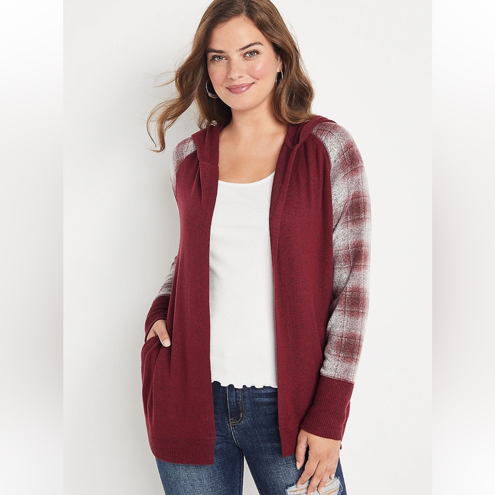 Maurices 3X Maroon Plaid Hooded Cardigan
